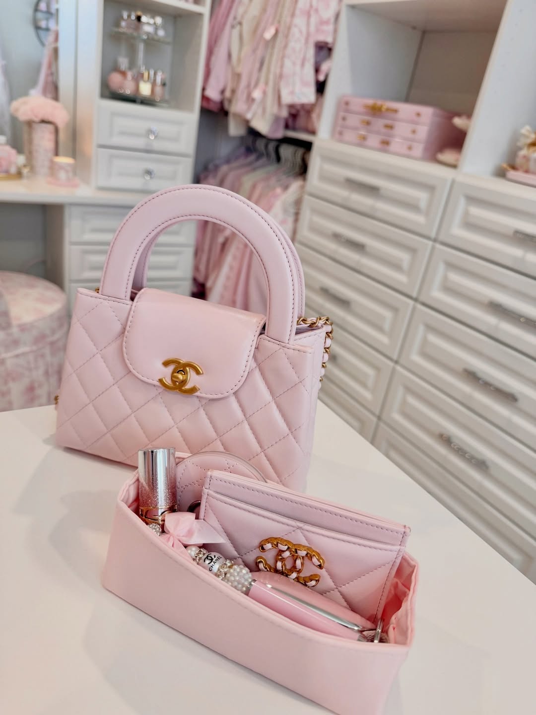 Luxury Quilted Pink Leather Mini Top-Handle Handbag