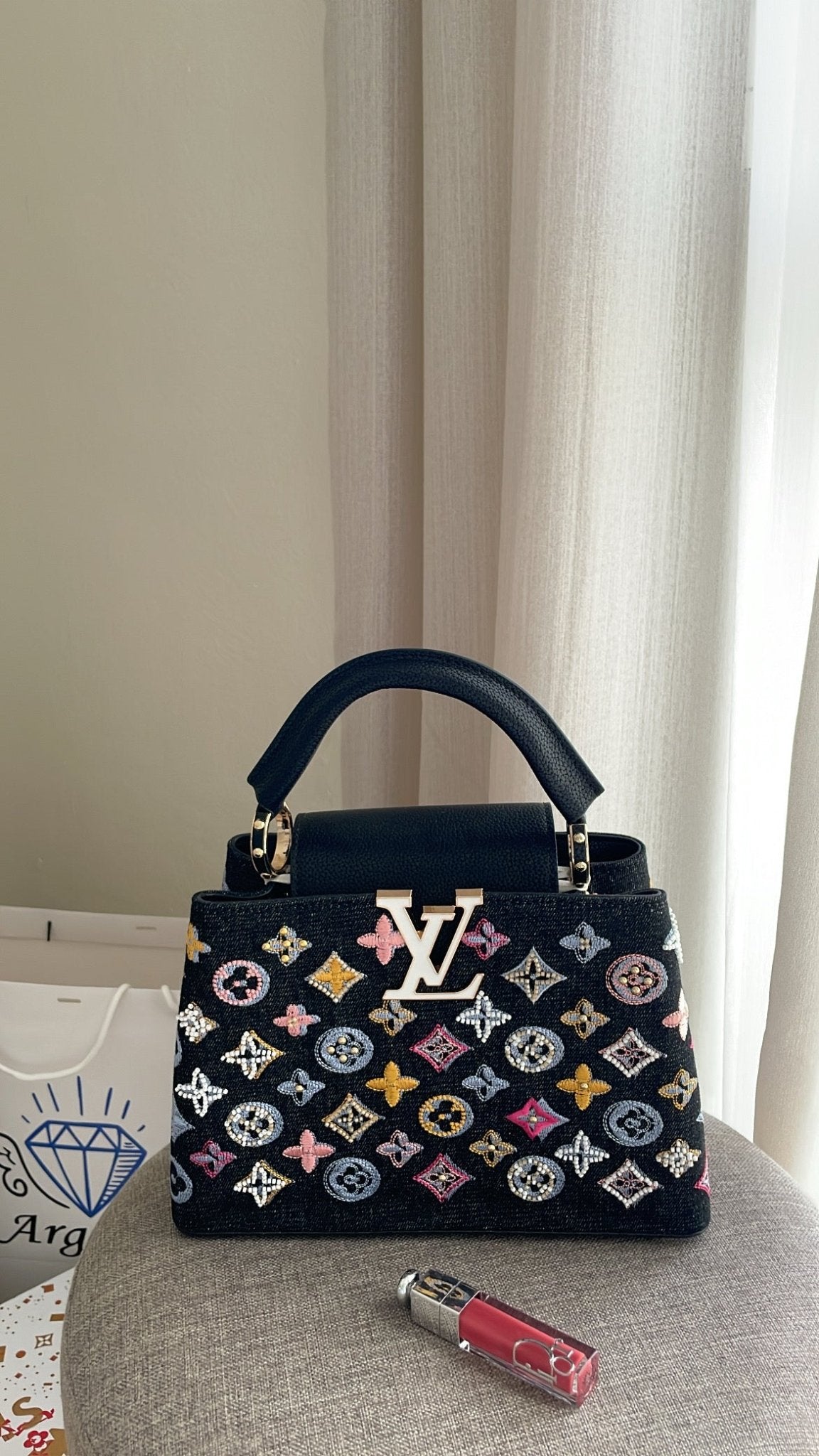 Luxury Midnight Black Denim Monogram Embellished Top-Handle Bag - ARGENTO STORE