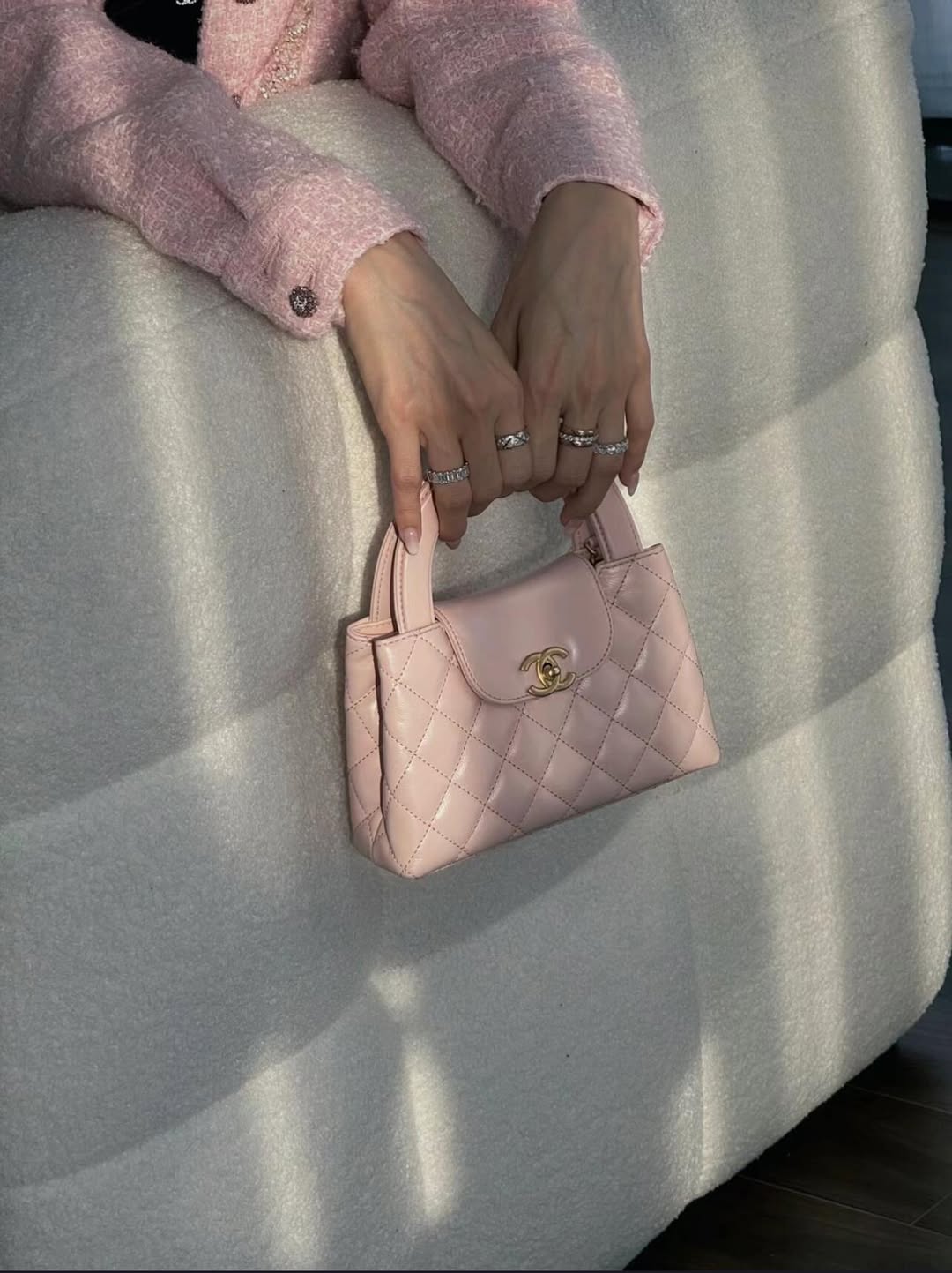 Luxury Quilted Pink Leather Mini Top-Handle Handbag