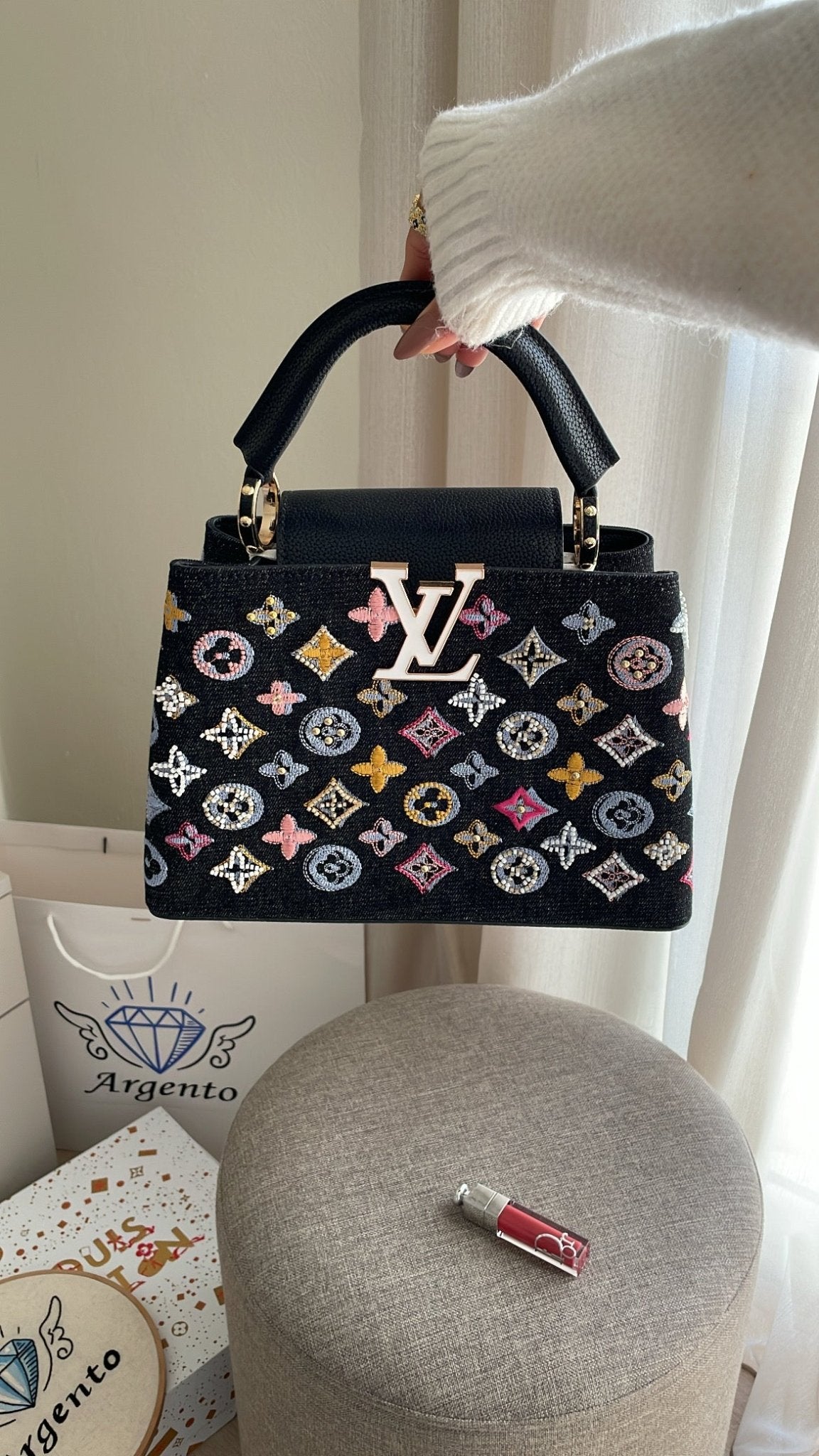 Luxury Midnight Black Denim Monogram Embellished Top-Handle Bag - ARGENTO STORE