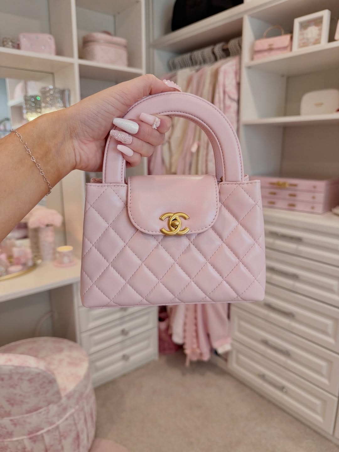 Luxury Quilted Pink Leather Mini Top-Handle Handbag
