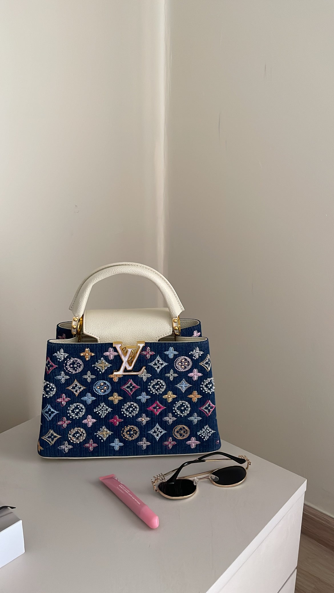 Luxury Denim Monogram Embellished Top-Handle Bag